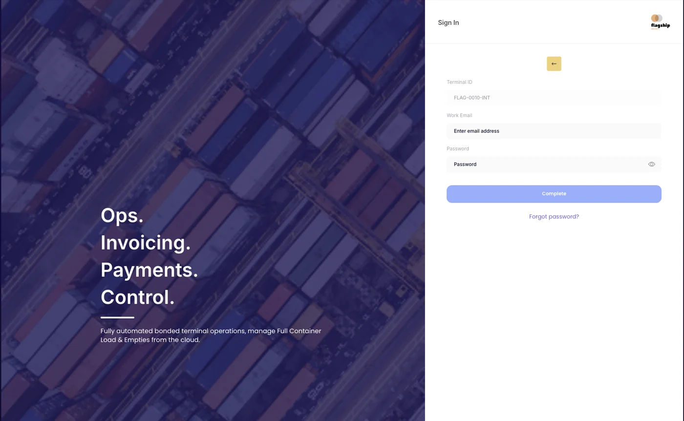 The Flagship application sign-in screen: terminal ID, work email and password fields beside an aerial photograph of a stacked container yard.